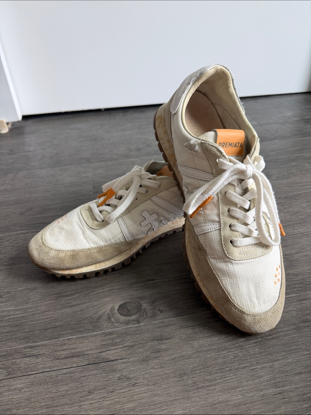 Premiata Men’s Beige & White Canvas Suede Sneakers with Orange Accents